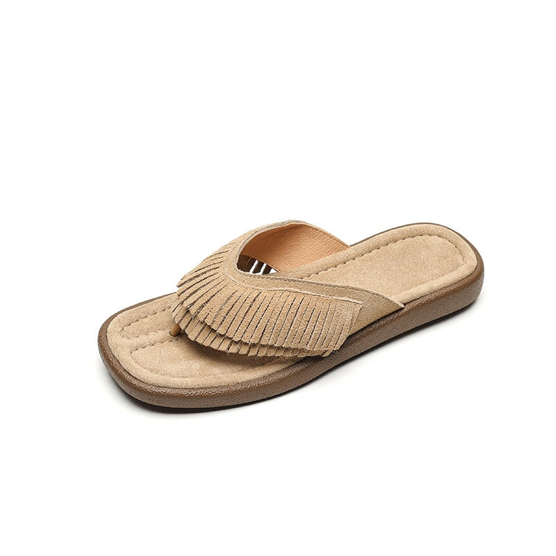 Women's Nubuck Leather Fringe Flip Flops Toe-Post Mules Summer Slides in Apricot/Khaki