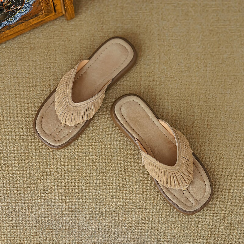 Women's Nubuck Leather Fringe Flip Flops Toe-Post Mules Summer Slides in Apricot/Khaki