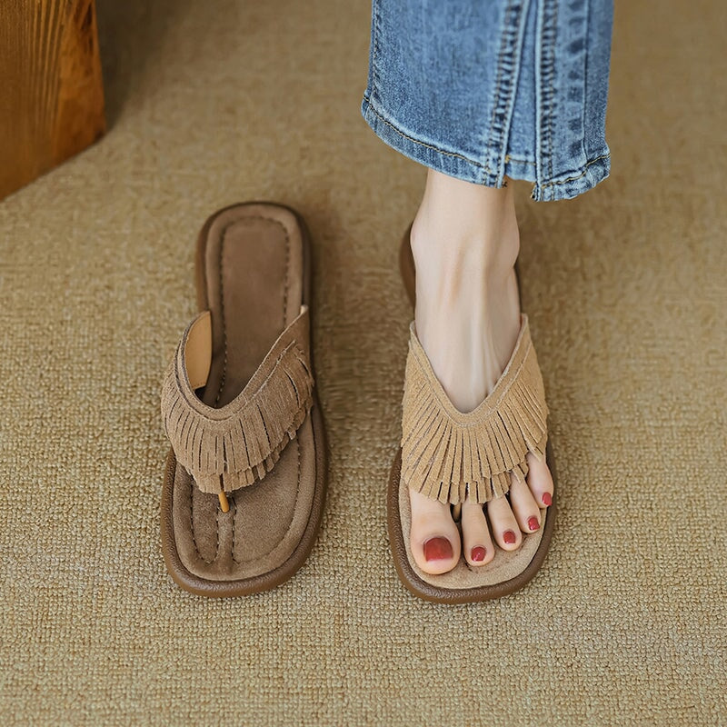 Women's Nubuck Leather Fringe Flip Flops Toe-Post Mules Summer Slides in Apricot/Khaki