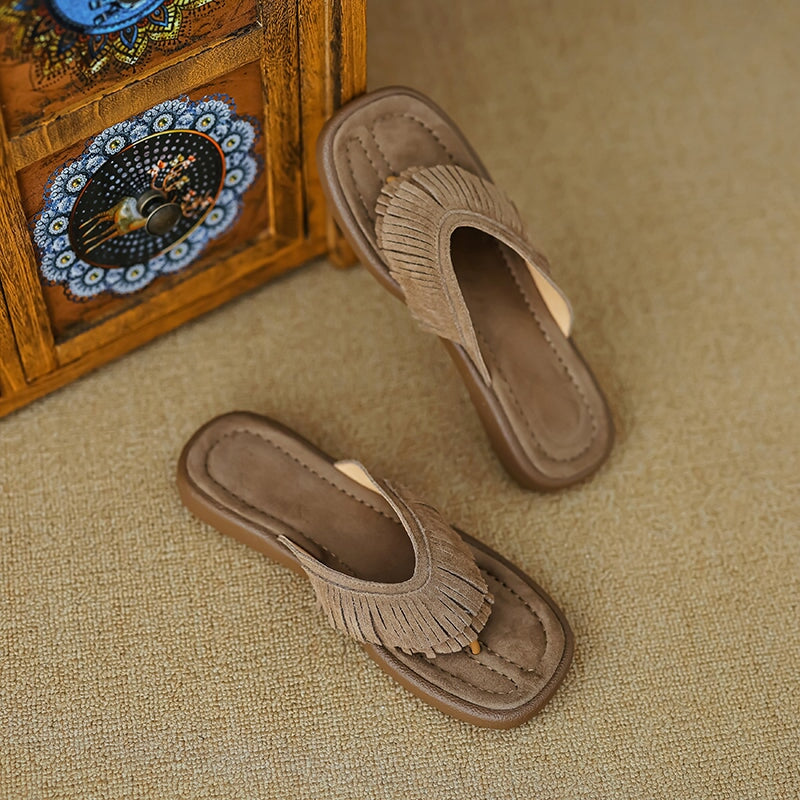 Women's Nubuck Leather Fringe Flip Flops Toe-Post Mules Summer Slides in Apricot/Khaki