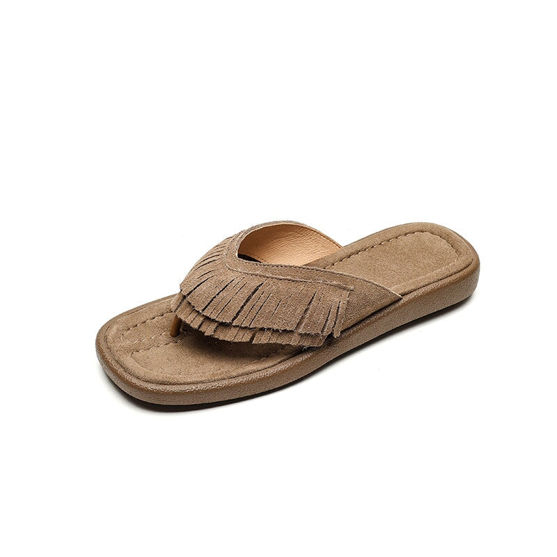 Women's Nubuck Leather Fringe Flip Flops Toe-Post Mules Summer Slides in Apricot/Khaki