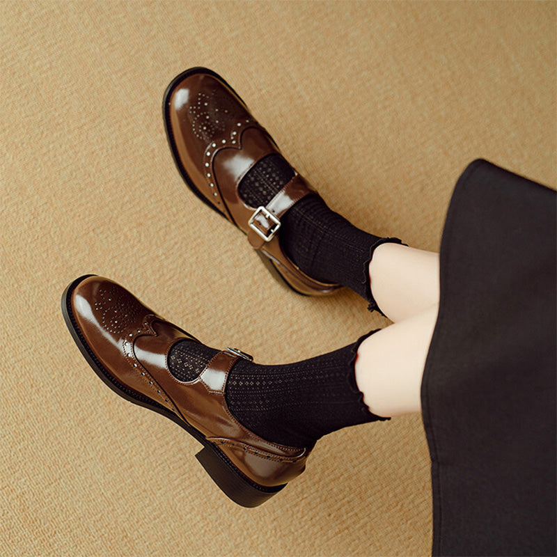 Women's Retro Cowhide Brogue Mary Jane Shoes in Black/Brown