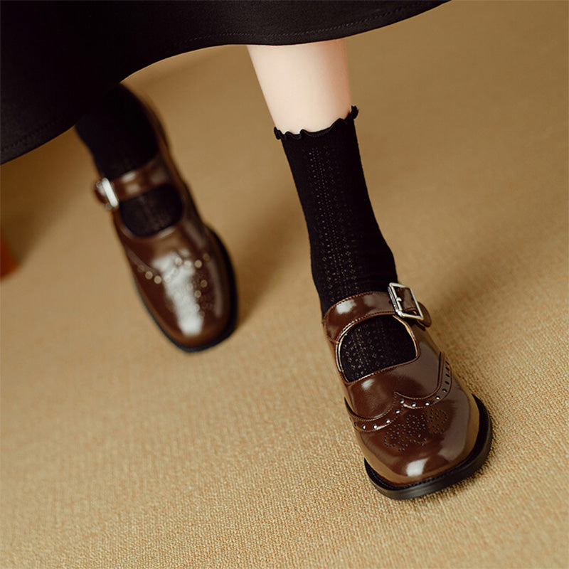 Women's Retro Cowhide Brogue Mary Jane Shoes in Black/Brown