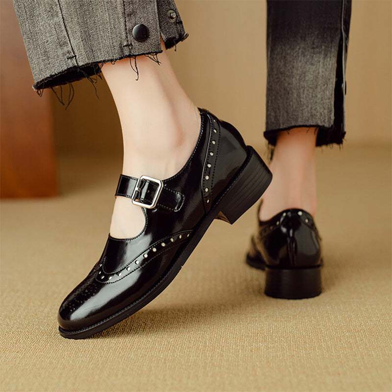 Women's Retro Cowhide Brogue Mary Jane Shoes in Black/Brown