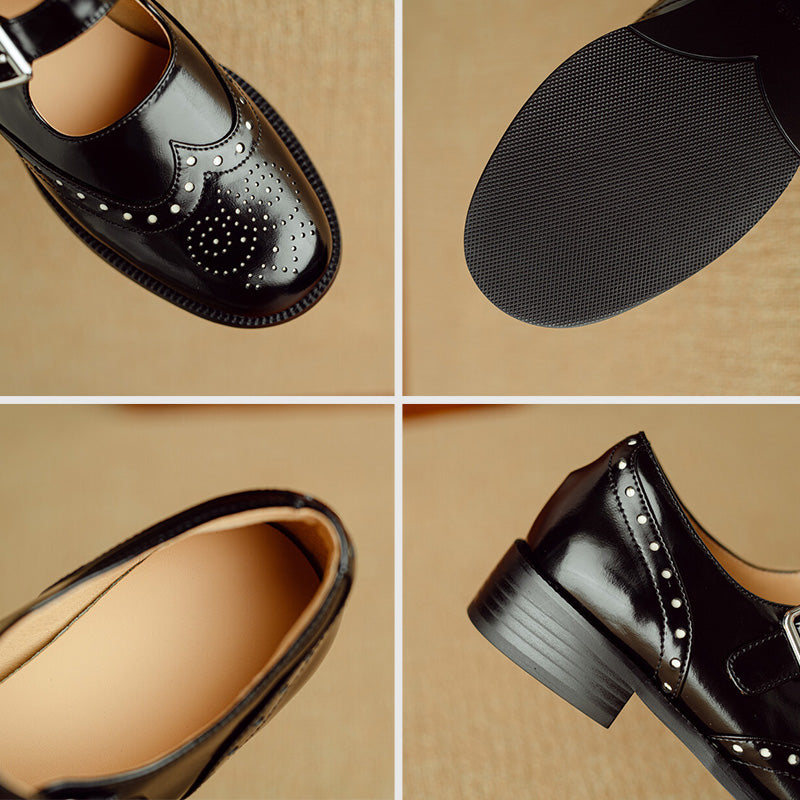 Women's Retro Cowhide Brogue Mary Jane Shoes in Black/Brown
