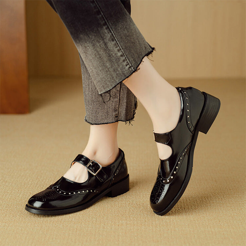 Women's Retro Cowhide Brogue Mary Jane Shoes in Black/Brown