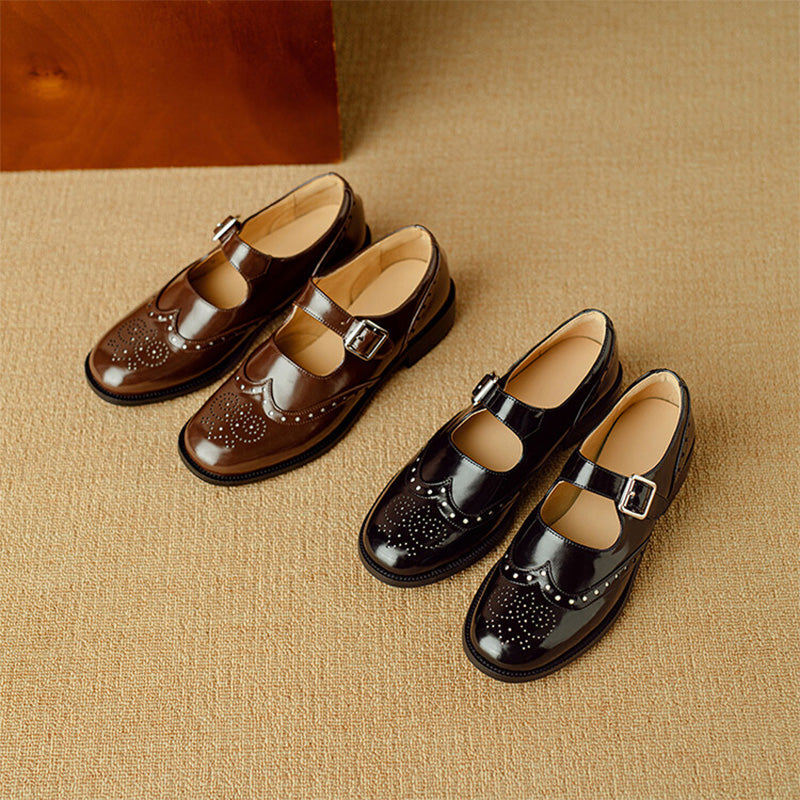 Women's Retro Cowhide Brogue Mary Jane Shoes in Black/Brown