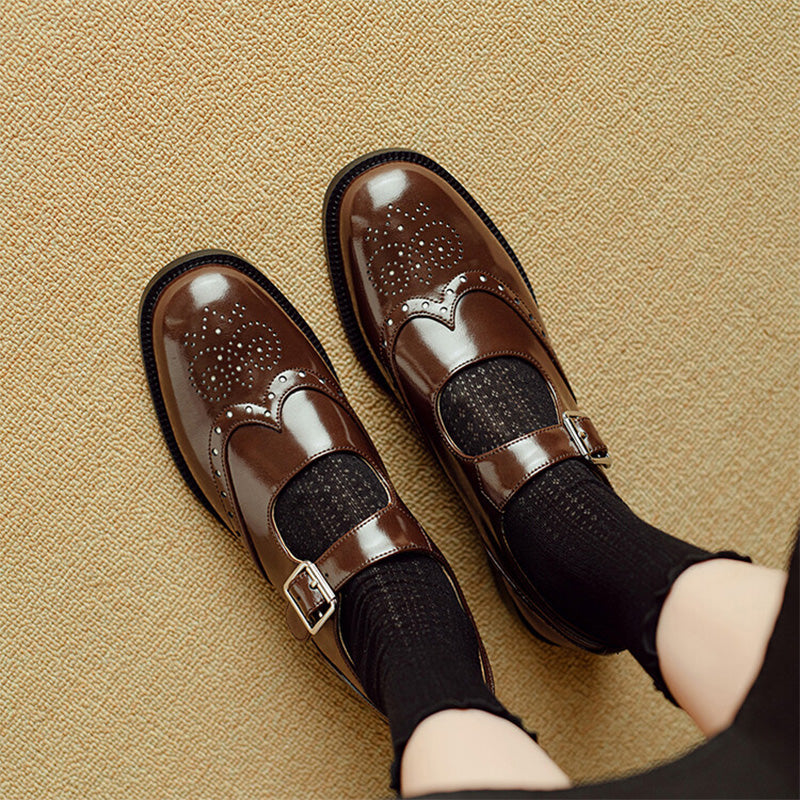Women's Retro Cowhide Brogue Mary Jane Shoes in Black/Brown