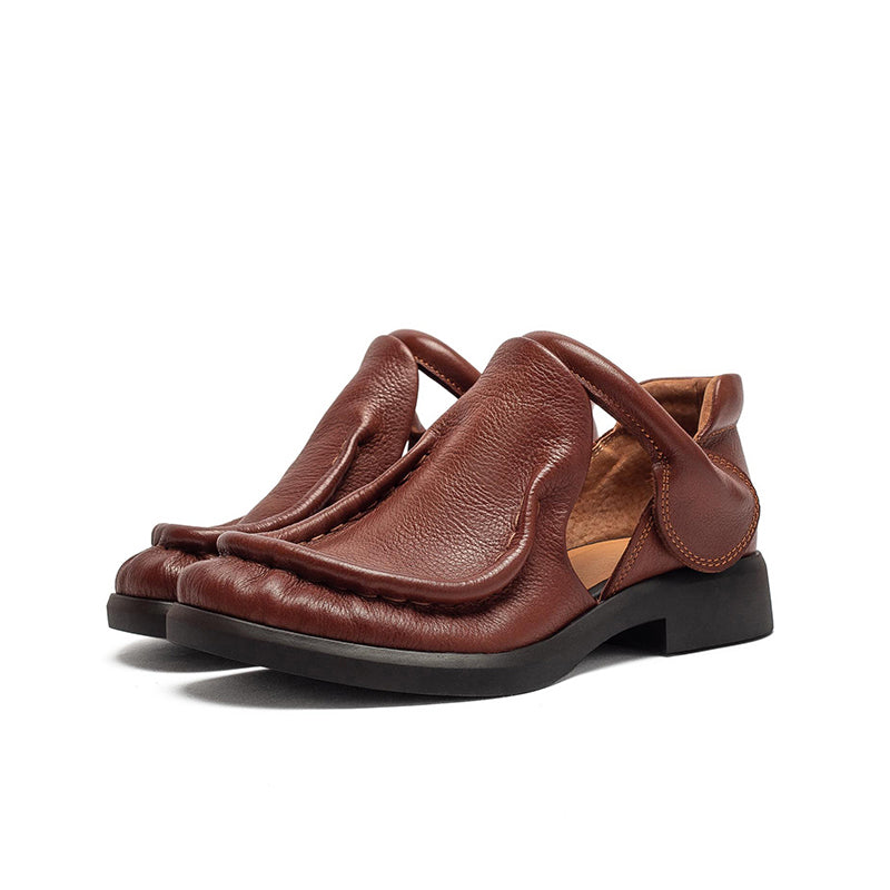 Women's Retro Full Grain Leather Mary Jane Shoes with Velcro Strap in Black/Brown