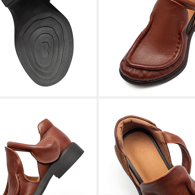 Women's Retro Full Grain Leather Mary Jane Shoes with Velcro Strap in Black/Brown
