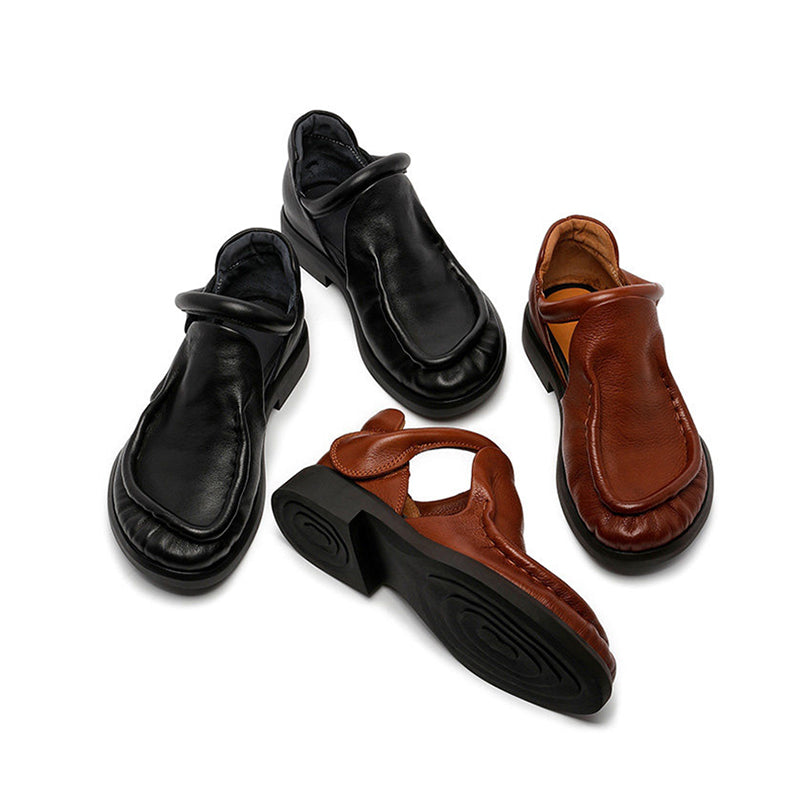 Women's Retro Full Grain Leather Mary Jane Shoes with Velcro Strap in Black/Brown