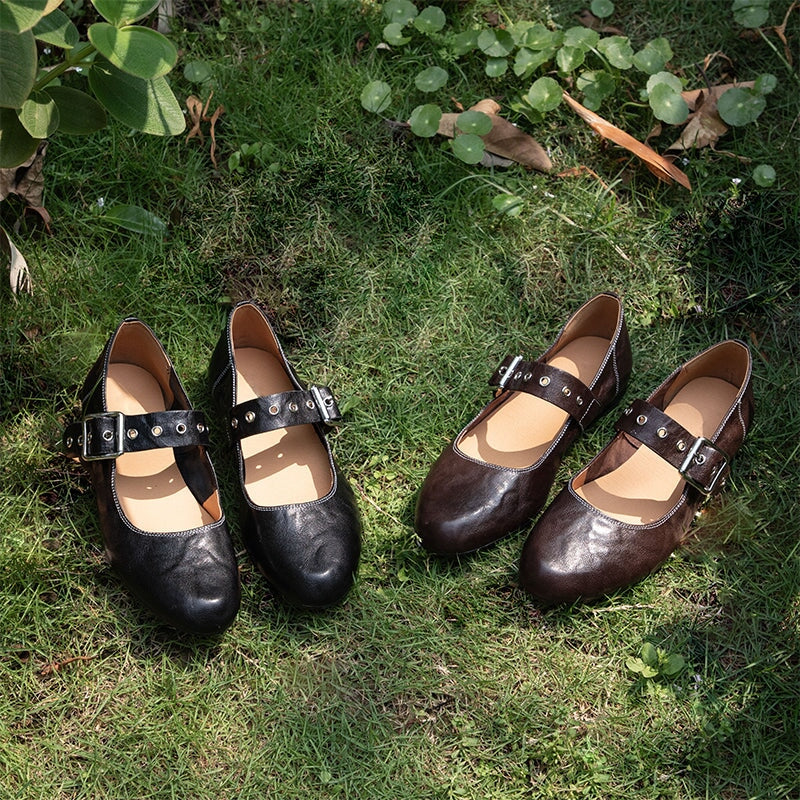 Women's Retro Soft Sheepskin Leather Studded Buckle Mary Jane Shoes in Black/Brown