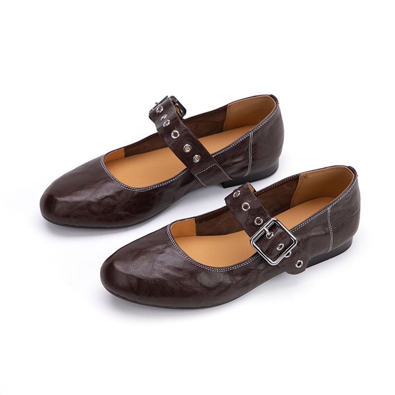 Women's Retro Soft Sheepskin Leather Studded Buckle Mary Jane Shoes in Black/Brown