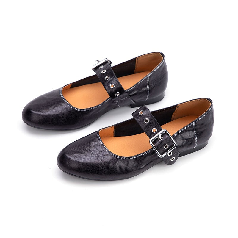 Women's Retro Soft Sheepskin Leather Studded Buckle Mary Jane Shoes in Black/Brown