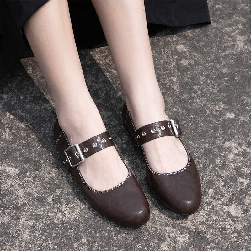Women's Retro Soft Sheepskin Leather Studded Buckle Mary Jane Shoes in Black/Brown