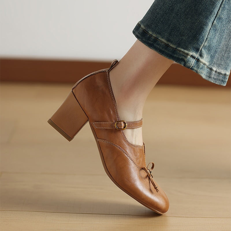 Women's Retro Washed Cow Leather Bow Mary Jane Pumps 60mm in Khaki/Brown/Black