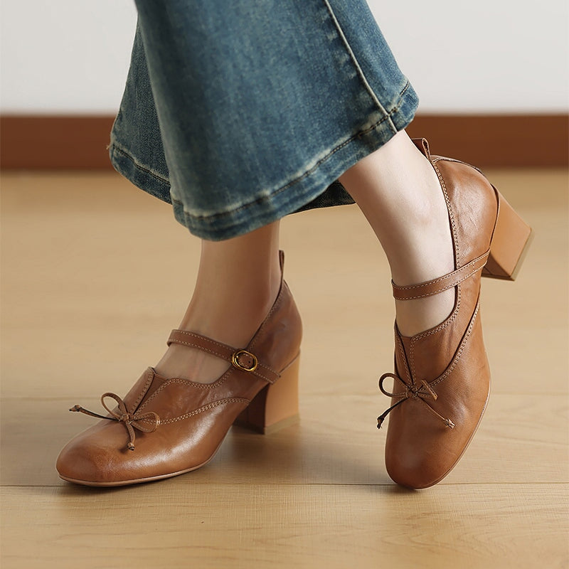 Women's Retro Washed Cow Leather Bow Mary Jane Pumps 60mm in Khaki/Brown/Black