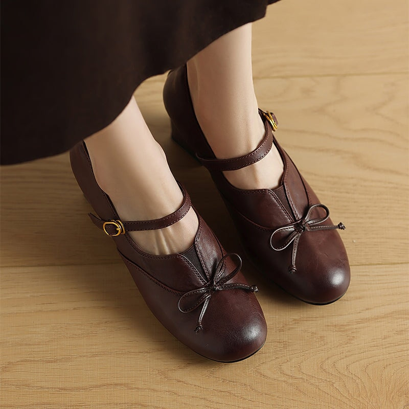 Women's Retro Washed Cow Leather Bow Mary Jane Pumps 60mm in Khaki/Brown/Black