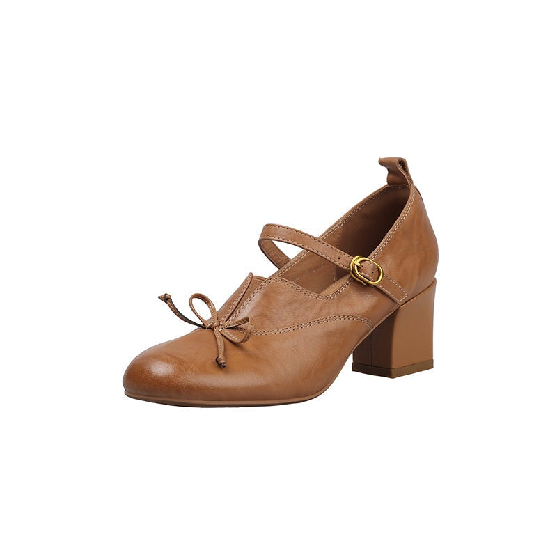 Women's Retro Washed Cow Leather Bow Mary Jane Pumps 60mm in Khaki/Brown/Black