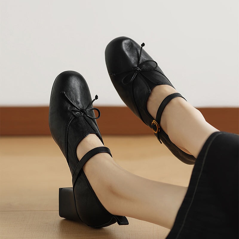 Women's Retro Washed Cow Leather Bow Mary Jane Pumps 60mm in Khaki/Brown/Black