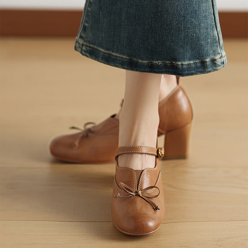 Women's Retro Washed Cow Leather Bow Mary Jane Pumps 60mm in Khaki/Brown/Black