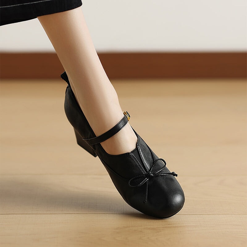 Women's Retro Washed Cow Leather Bow Mary Jane Pumps 60mm in Khaki/Brown/Black