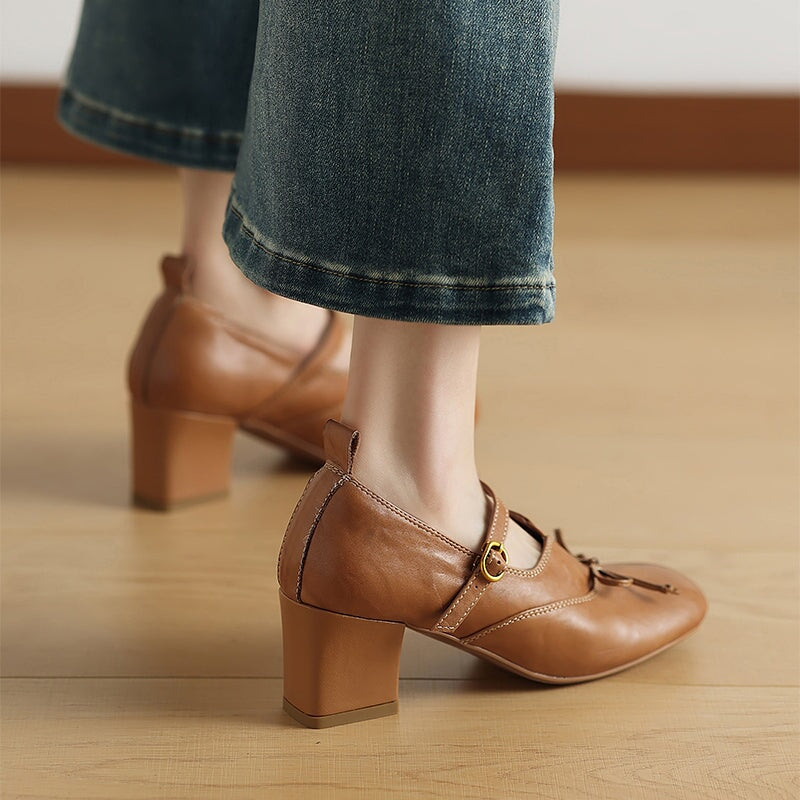 Women's Retro Washed Cow Leather Bow Mary Jane Pumps 60mm in Khaki/Brown/Black