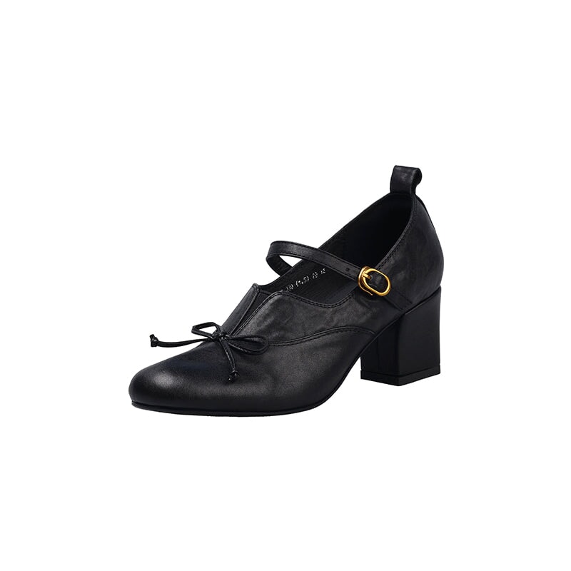 Women's Retro Washed Cow Leather Bow Mary Jane Pumps 60mm in Khaki/Brown/Black
