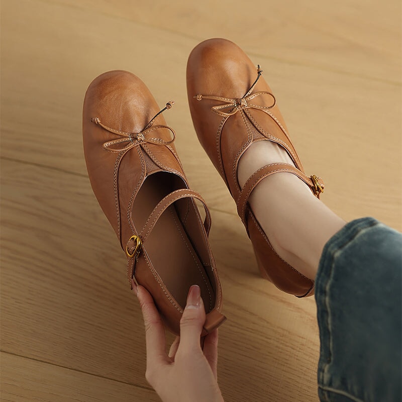 Women's Retro Washed Cow Leather Bow Mary Jane Pumps 60mm in Khaki/Brown/Black