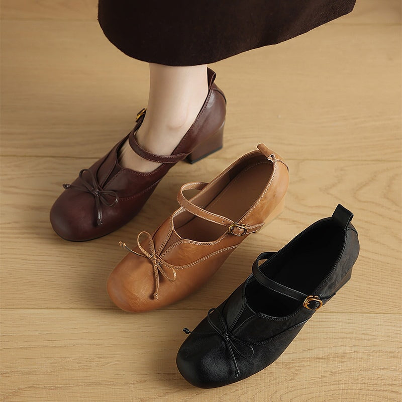 Women's Retro Washed Cow Leather Bow Mary Jane Pumps 60mm in Khaki/Brown/Black