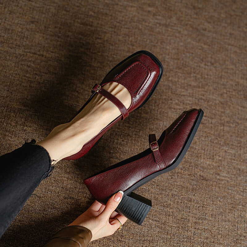 Women's Sheepskin Leather Mary Jane Pumps 65mm Block Heel in Brown/Black/Wine Red