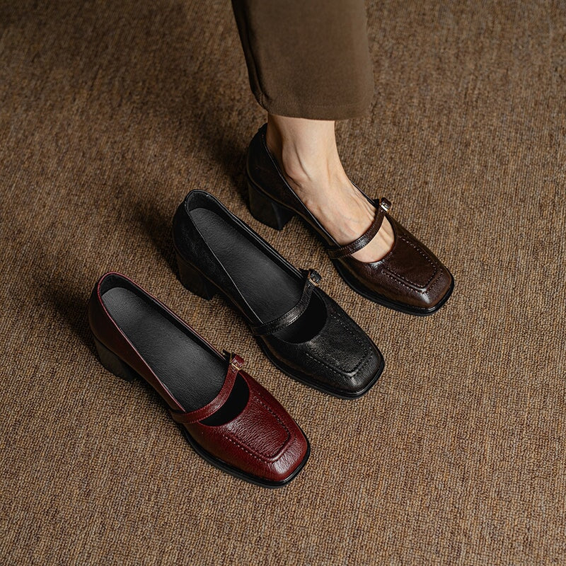 Women's Sheepskin Leather Mary Jane Pumps 65mm Block Heel in Brown/Black/Wine Red