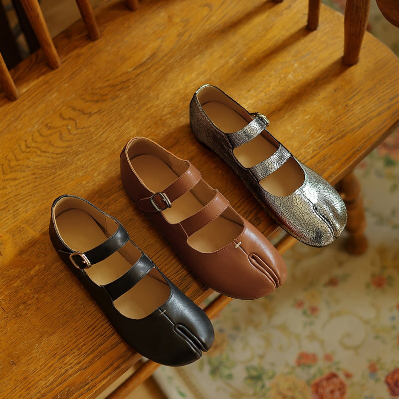 Women’s Split Toe Mary Jane Ballet Flats Soft Leather Double Strap Casual Shoes in Black/Brown/Silver