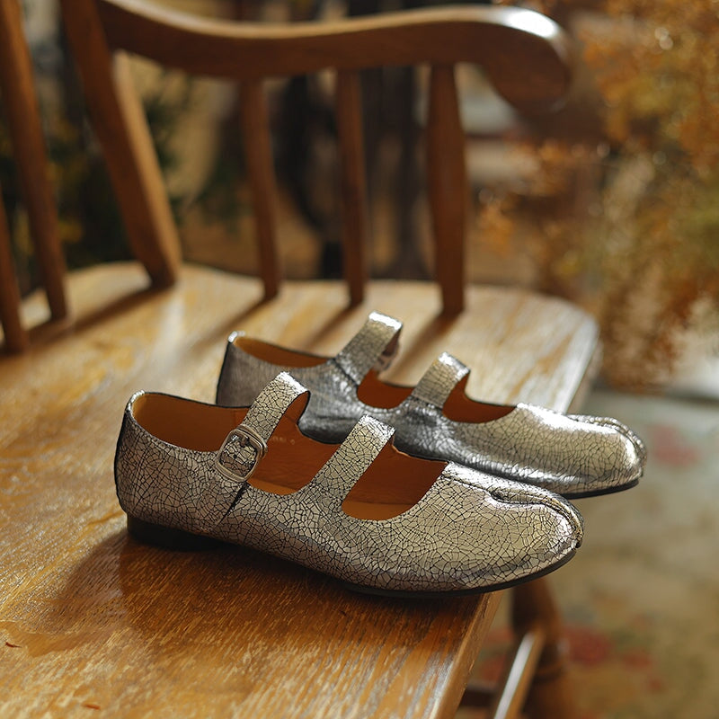 Women’s Split Toe Mary Jane Ballet Flats Soft Leather Double Strap Casual Shoes in Black/Brown/Silver