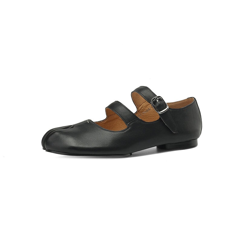 Women’s Split Toe Mary Jane Ballet Flats Soft Leather Double Strap Casual Shoes in Black/Brown/Silver