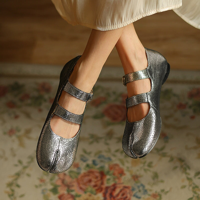Women’s Split Toe Mary Jane Ballet Flats Soft Leather Double Strap Casual Shoes in Black/Brown/Silver