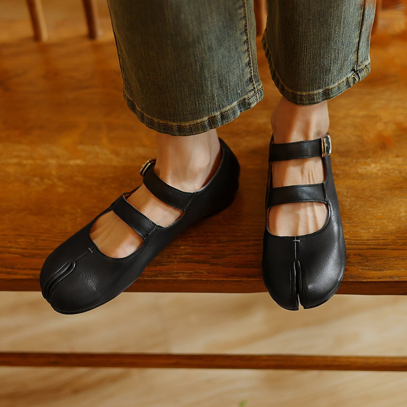 Women’s Split Toe Mary Jane Ballet Flats Soft Leather Double Strap Casual Shoes in Black/Brown/Silver