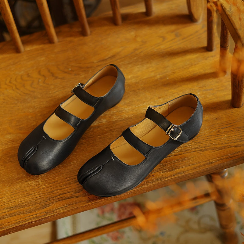 Women’s Split Toe Mary Jane Ballet Flats Soft Leather Double Strap Casual Shoes in Black/Brown/Silver