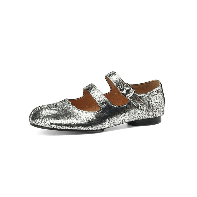 Women’s Split Toe Mary Jane Ballet Flats Soft Leather Double Strap Casual Shoes in Black/Brown/Silver