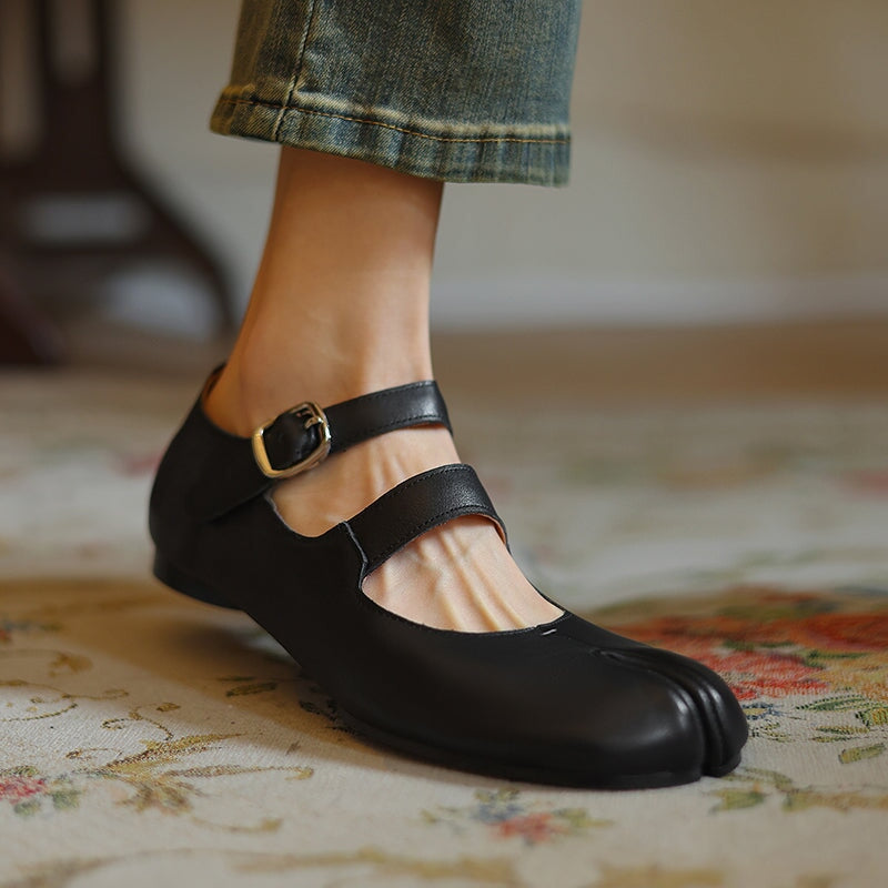 Women’s Split Toe Mary Jane Ballet Flats Soft Leather Double Strap Casual Shoes in Black/Brown/Silver