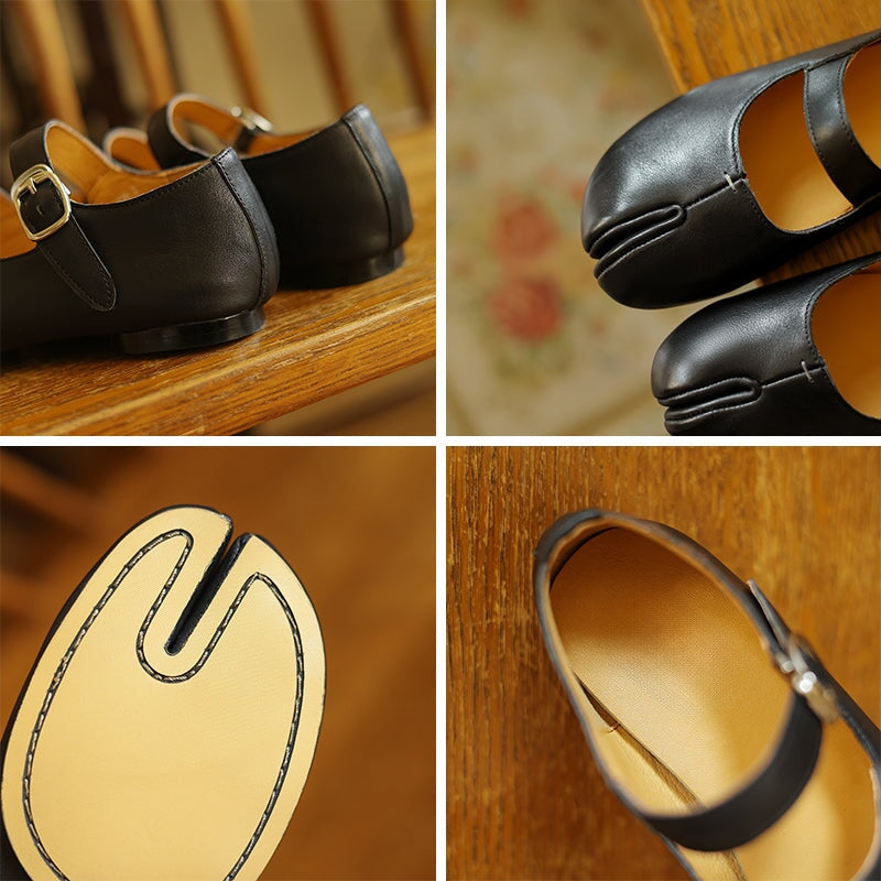 Women’s Split Toe Mary Jane Ballet Flats Soft Leather Double Strap Casual Shoes in Black/Brown/Silver