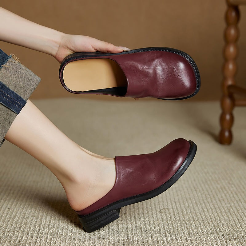 Women's Square Toe Backless Loafers Washed Cowhide Leather Mules in Black/Brown