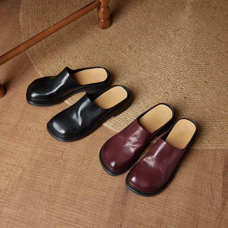 Women's Square Toe Backless Loafers Washed Cowhide Leather Mules in Black/Brown