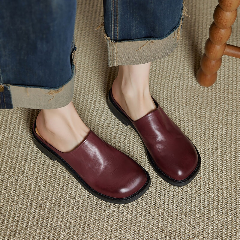 Women's Square Toe Backless Loafers Washed Cowhide Leather Mules in Black/Brown