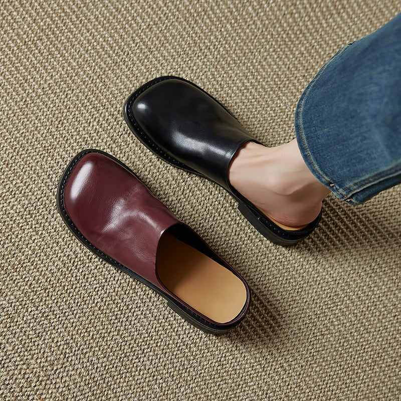 Women's Square Toe Backless Loafers Washed Cowhide Leather Mules in Black/Brown