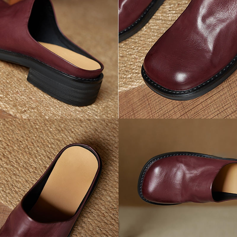 Women's Square Toe Backless Loafers Washed Cowhide Leather Mules in Black/Brown