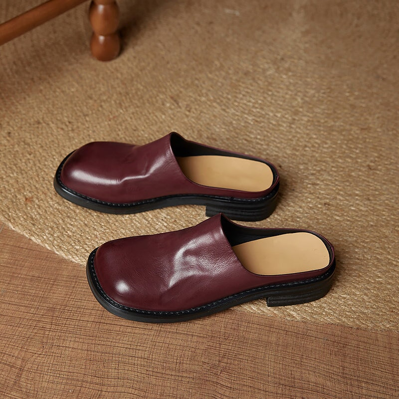 Women's Square Toe Backless Loafers Washed Cowhide Leather Mules in Black/Brown
