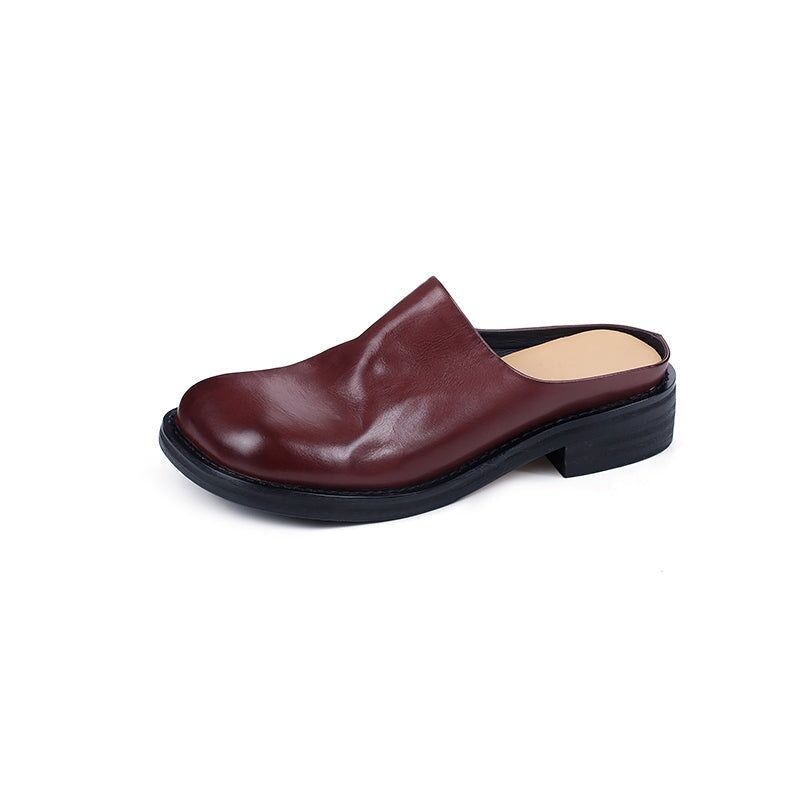 Women's Square Toe Backless Loafers Washed Cowhide Leather Mules in Black/Brown