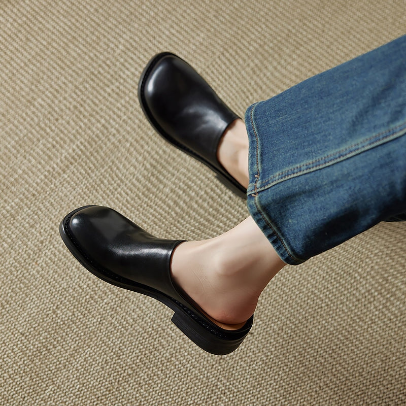 Women's Square Toe Backless Loafers Washed Cowhide Leather Mules in Black/Brown