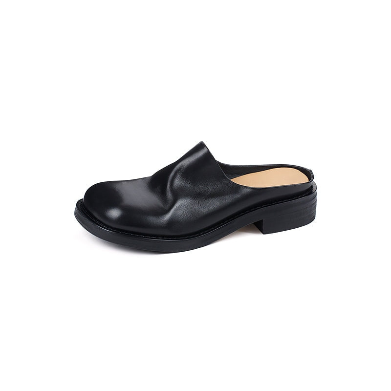 Women's Square Toe Backless Loafers Washed Cowhide Leather Mules in Black/Brown